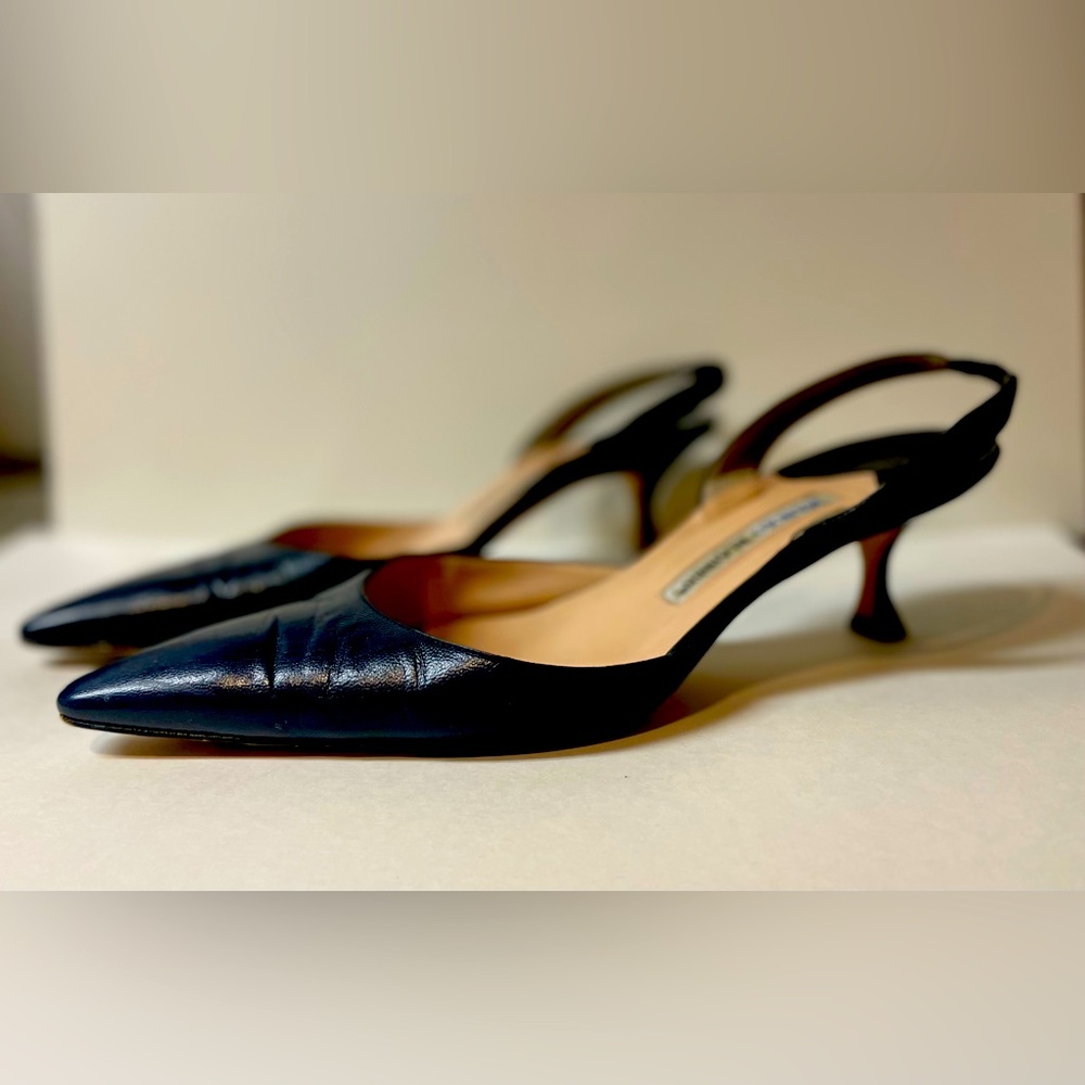 Manolo Blahnik Sling Back Leather Heels Dark Navy 41